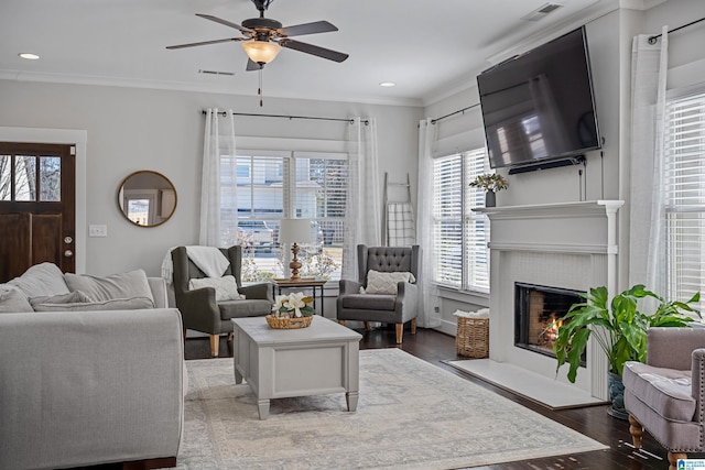 living room featuring crown molding, ceiling fan, and wood-type flooring