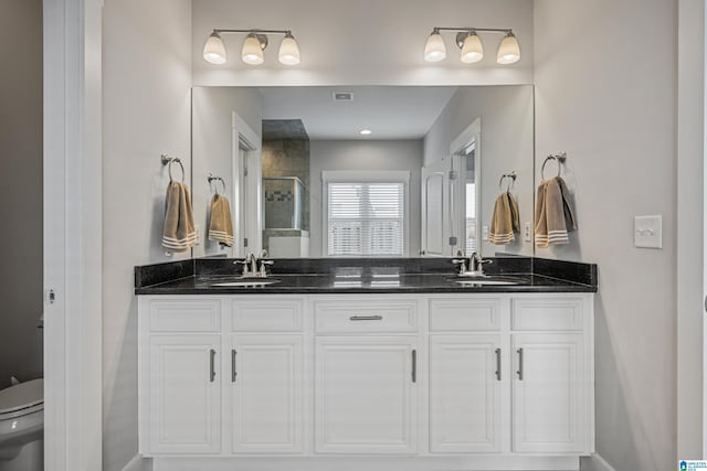 bathroom with vanity, an enclosed shower, and toilet