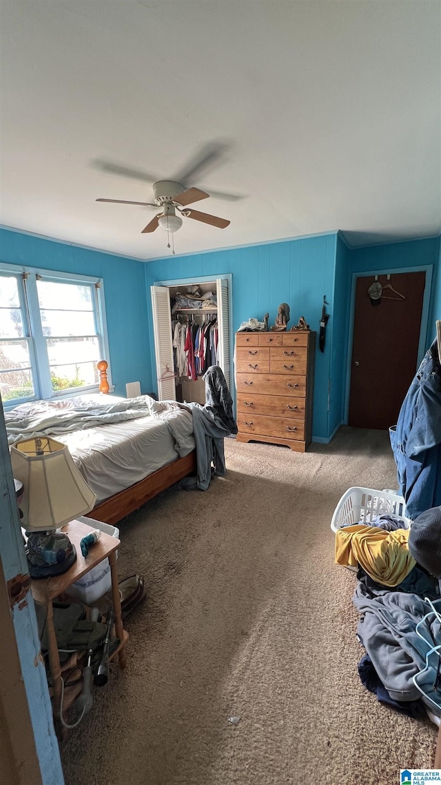 bedroom with ceiling fan, carpet, and a closet