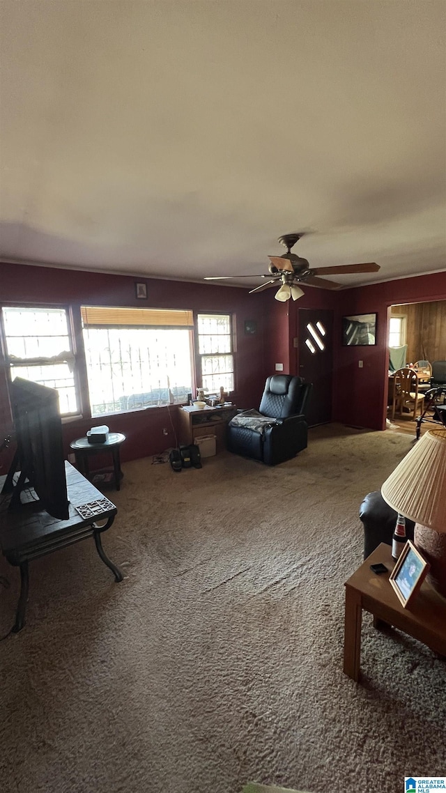 living room with ceiling fan, carpet flooring, and a wealth of natural light