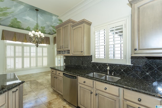 kitchen with decorative light fixtures, sink, stainless steel dishwasher, crown molding, and light brown cabinets