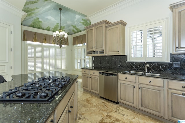 kitchen with sink, dark stone counters, black gas cooktop, and dishwasher