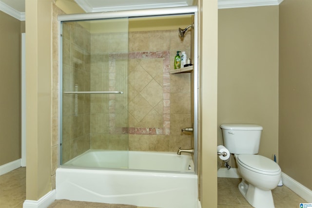 bathroom with shower / bath combination with glass door, tile patterned floors, toilet, and crown molding