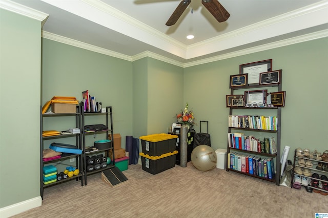 playroom with ornamental molding, ceiling fan, and carpet flooring