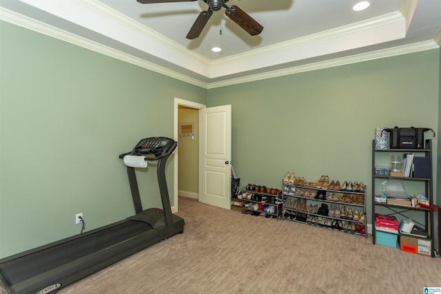 exercise area featuring crown molding, carpet, and a tray ceiling