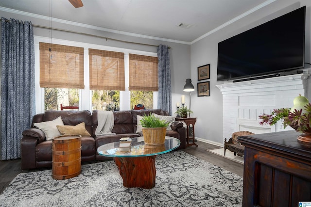 living room with a fireplace, dark wood-type flooring, and a wealth of natural light