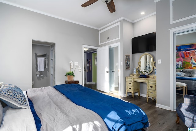 bedroom with a high ceiling, dark hardwood / wood-style flooring, ornamental molding, and ceiling fan