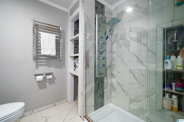 bathroom featuring a shower with door, ornamental molding, radiator heating unit, and toilet