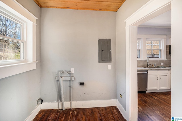 clothes washing area featuring sink, electric panel, wood ceiling, hookup for a washing machine, and dark wood-type flooring