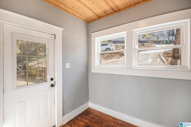 doorway to outside with dark wood-type flooring and wooden ceiling