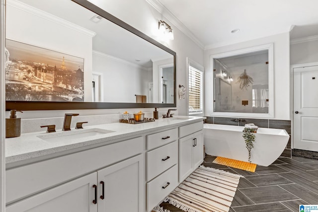 bathroom with crown molding, vanity, and a tub