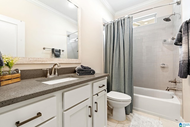 full bathroom with vanity, crown molding, shower / bath combination with curtain, and toilet