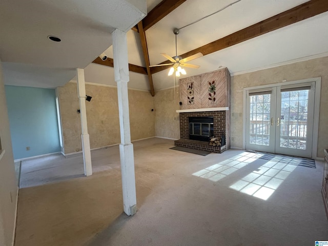 unfurnished living room with french doors, high vaulted ceiling, a brick fireplace, light carpet, and beamed ceiling