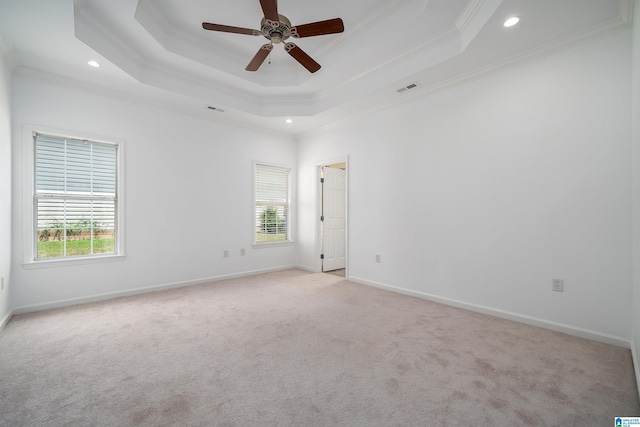 carpeted empty room featuring a wealth of natural light, ornamental molding, and a raised ceiling