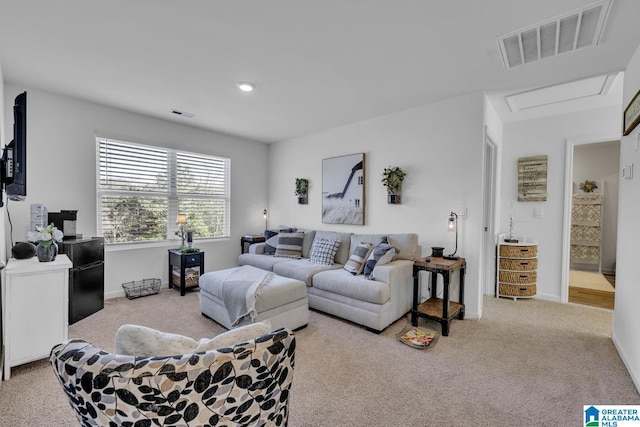 living room featuring light colored carpet