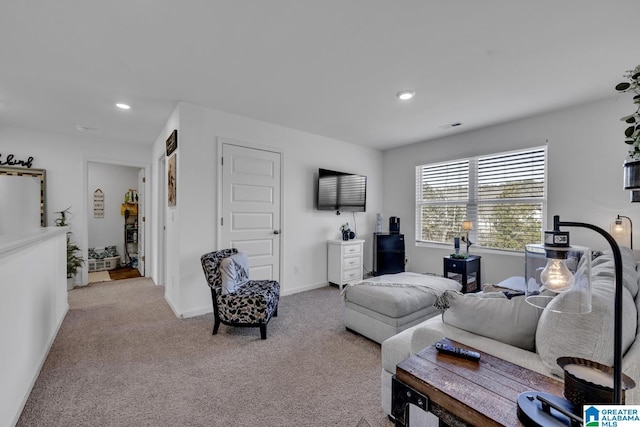 living room with light colored carpet