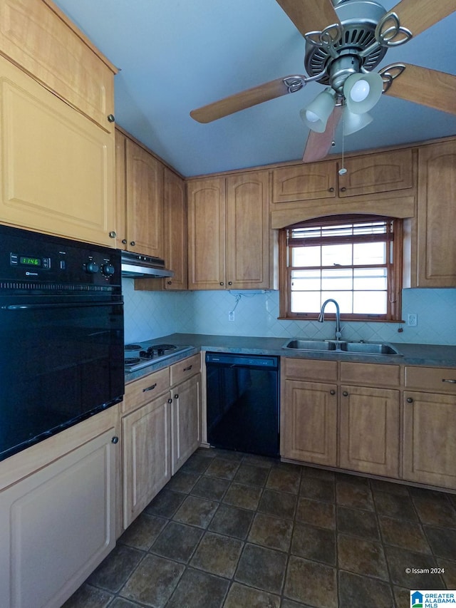 kitchen with tasteful backsplash, ceiling fan, sink, and black appliances