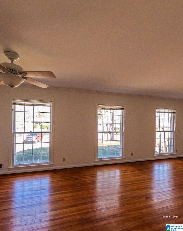 empty room featuring plenty of natural light, dark wood-type flooring, and ceiling fan