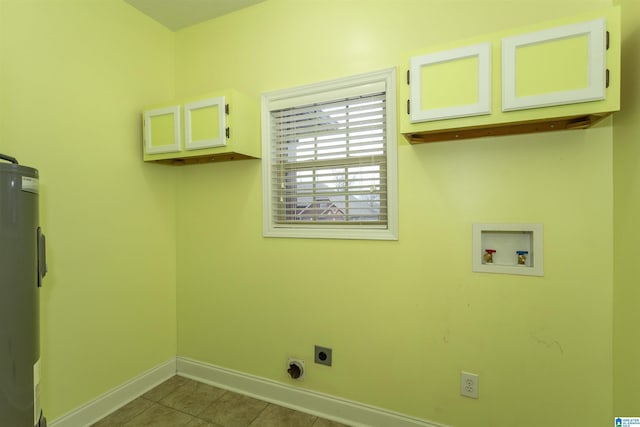 laundry room with cabinets, hookup for a washing machine, hookup for an electric dryer, and water heater