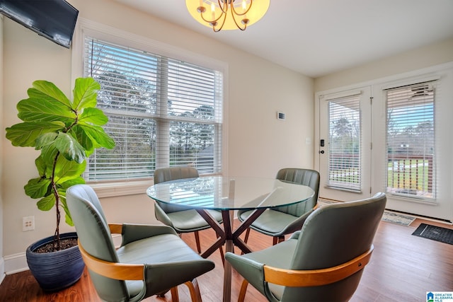 dining room featuring a healthy amount of sunlight, a chandelier, and hardwood / wood-style floors