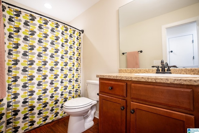 bathroom featuring vanity, wood-type flooring, and toilet