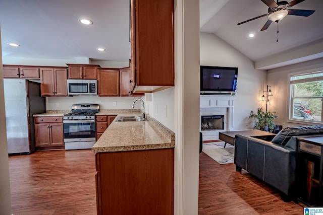 kitchen featuring sink, dark wood-type flooring, ceiling fan, stainless steel appliances, and vaulted ceiling