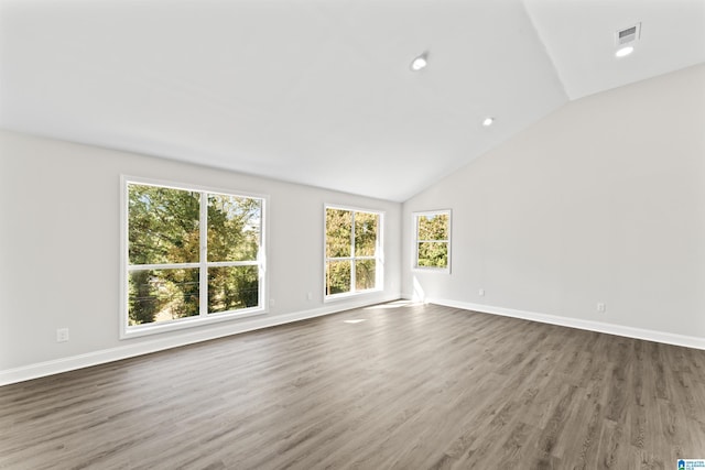 spare room featuring dark wood-type flooring and lofted ceiling