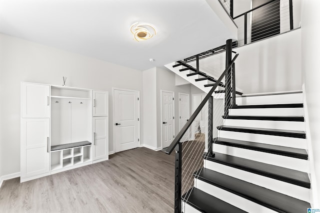 stairs with hardwood / wood-style floors