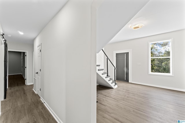 hall featuring wood-type flooring and a barn door