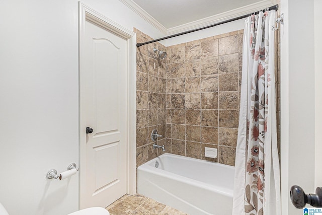 bathroom with shower / tub combo with curtain and ornamental molding