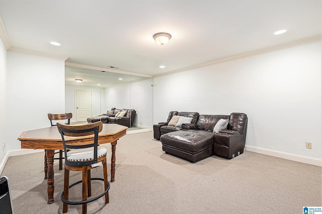 living room with crown molding and light carpet