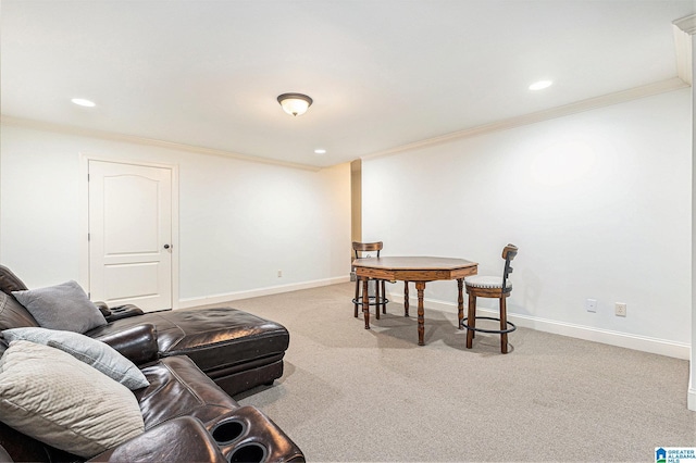 living room featuring light colored carpet and ornamental molding