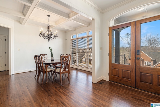 dining space with beam ceiling, coffered ceiling, a notable chandelier, dark hardwood / wood-style flooring, and french doors