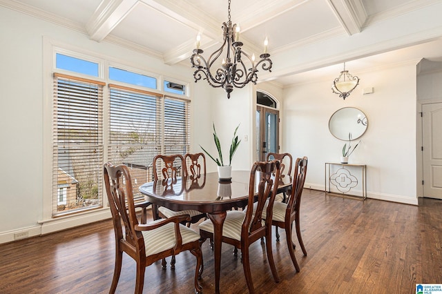 dining room featuring dark hardwood / wood-style floors, beamed ceiling, a chandelier, ornamental molding, and coffered ceiling