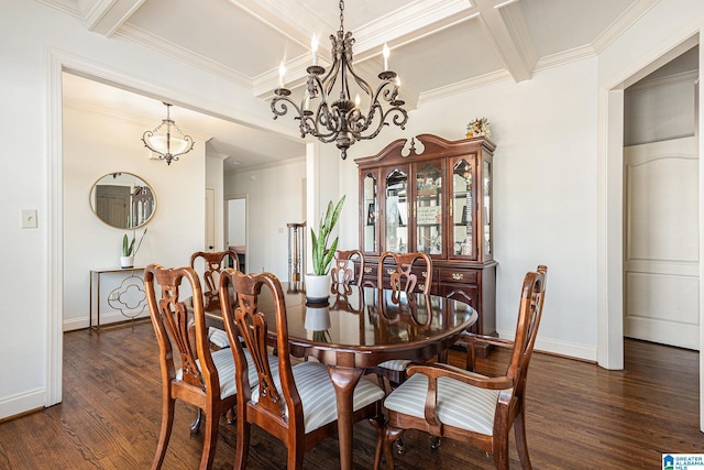 dining area featuring coffered ceiling, beam ceiling, dark hardwood / wood-style flooring, and crown molding