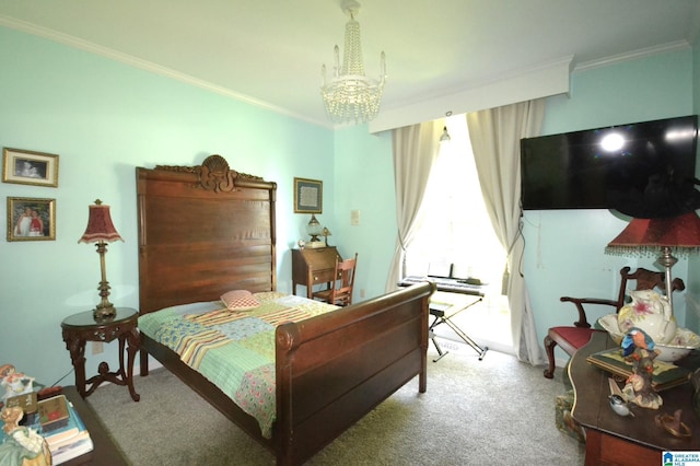 bedroom featuring ornamental molding, carpet flooring, and a notable chandelier