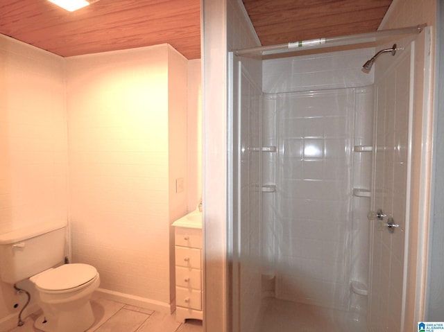 bathroom with tile patterned flooring, wood ceiling, toilet, and walk in shower