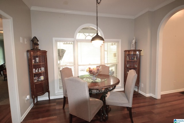 dining space featuring ornamental molding and dark hardwood / wood-style floors