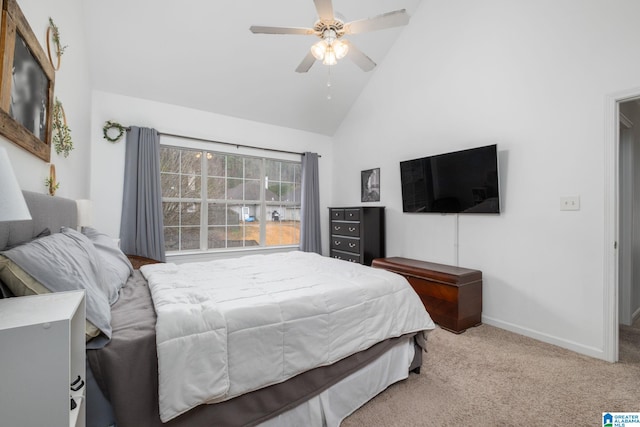 bedroom featuring high vaulted ceiling, ceiling fan, and carpet flooring