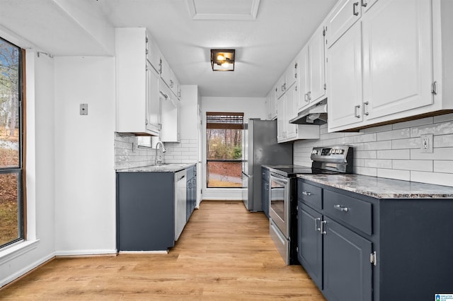 kitchen featuring sink, stainless steel appliances, light hardwood / wood-style floors, decorative backsplash, and white cabinets