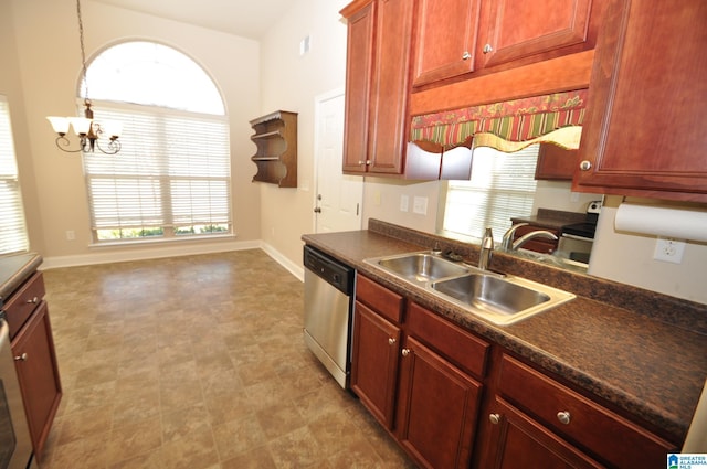 kitchen with stainless steel dishwasher, sink, hanging light fixtures, and a notable chandelier