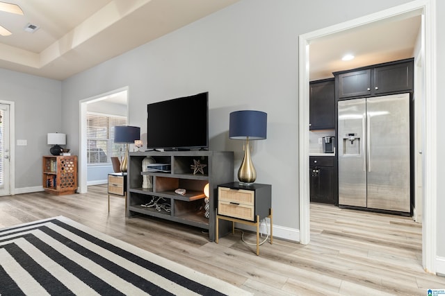 living room with light hardwood / wood-style flooring and a raised ceiling