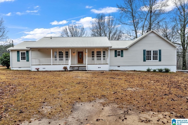 single story home featuring covered porch