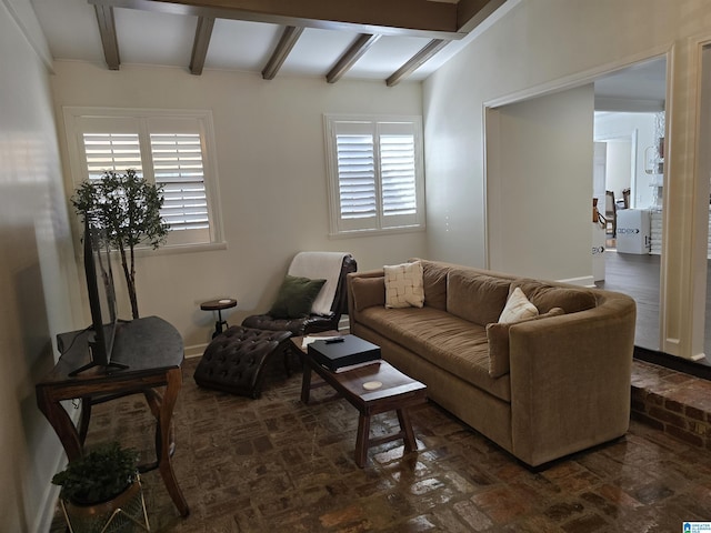 living room featuring a healthy amount of sunlight and beam ceiling