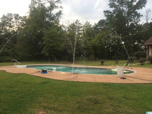 view of swimming pool with a yard