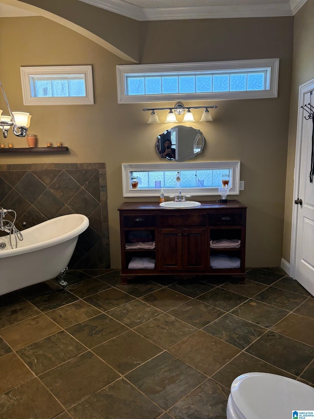 bathroom with vanity, a washtub, and crown molding