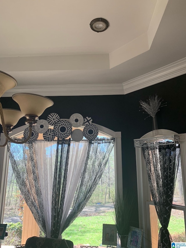 interior details featuring ornamental molding and a raised ceiling