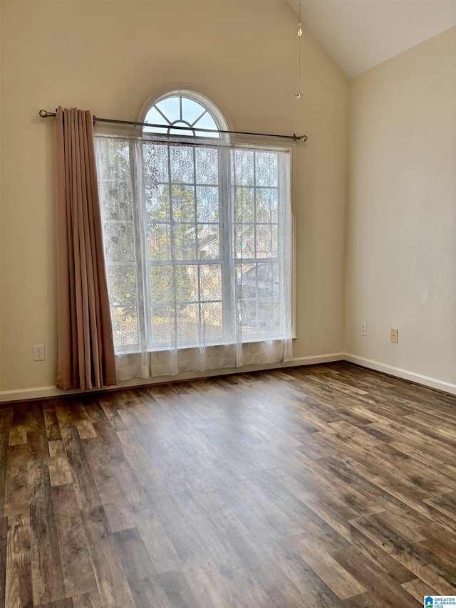 unfurnished room featuring vaulted ceiling and dark wood-type flooring