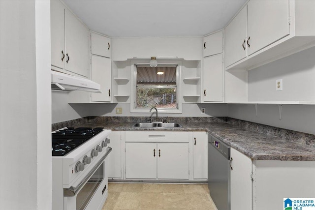 kitchen featuring sink, white range with gas stovetop, white cabinetry, dishwasher, and range hood