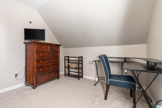 140 Russet Hill Dr, Hoover, AL 35244 - office area with baseboards, light colored carpet, and vaulted ceiling